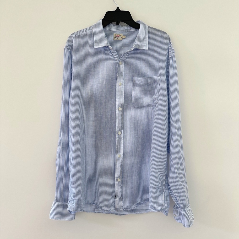 Faherty Laguna Linen Long Sleeve Shirt Mens XL Button Up Blue Striped Preppy
